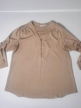 Calvin Klein Pale Blush Shimmery Half Front Zip Long Sleeve Blouse Size Large